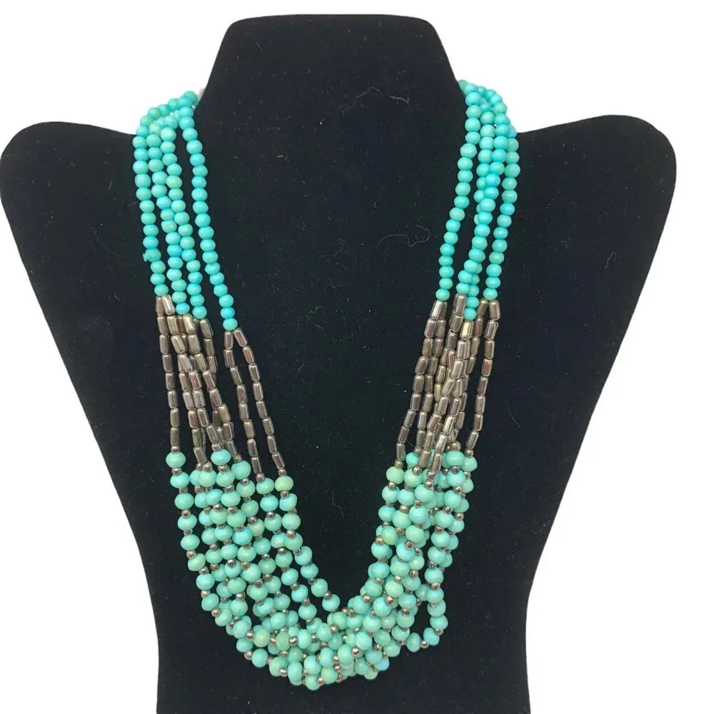 Beaded Necklace Turquoise Blue‎ Green Colored and Hematite 4 Strand